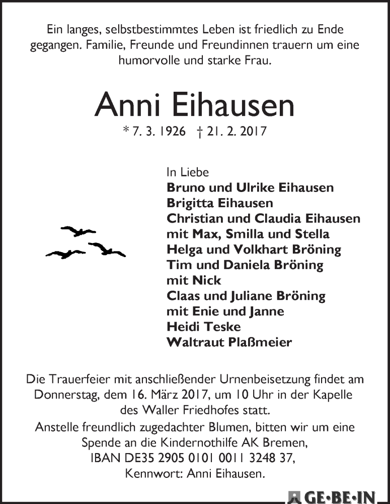 Traueranzeige von Anni Eihausen von WESER-KURIER