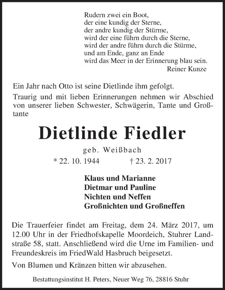 Traueranzeige von Dietlinde Fiedler von WESER-KURIER