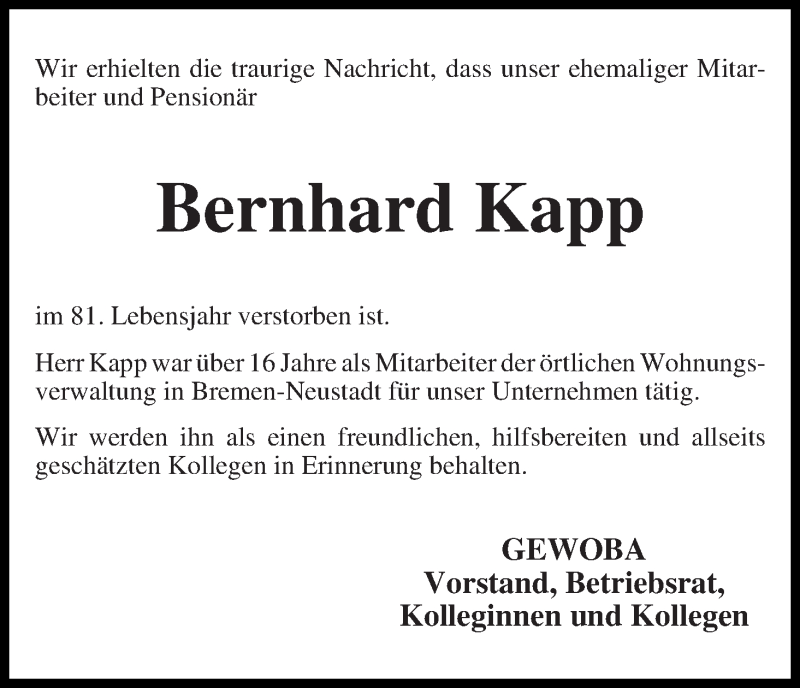 Traueranzeige von Bernhard Kapp von WESER-KURIER