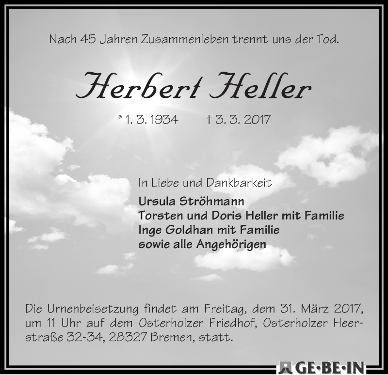 Traueranzeige von Herbert Heller von WESER-KURIER