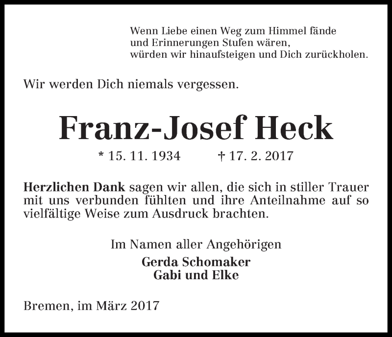 Traueranzeige von Franz-Josef Heck von WESER-KURIER