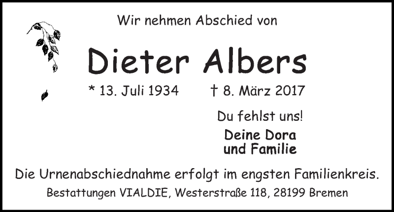 Traueranzeige von Dieter Albers von WESER-KURIER