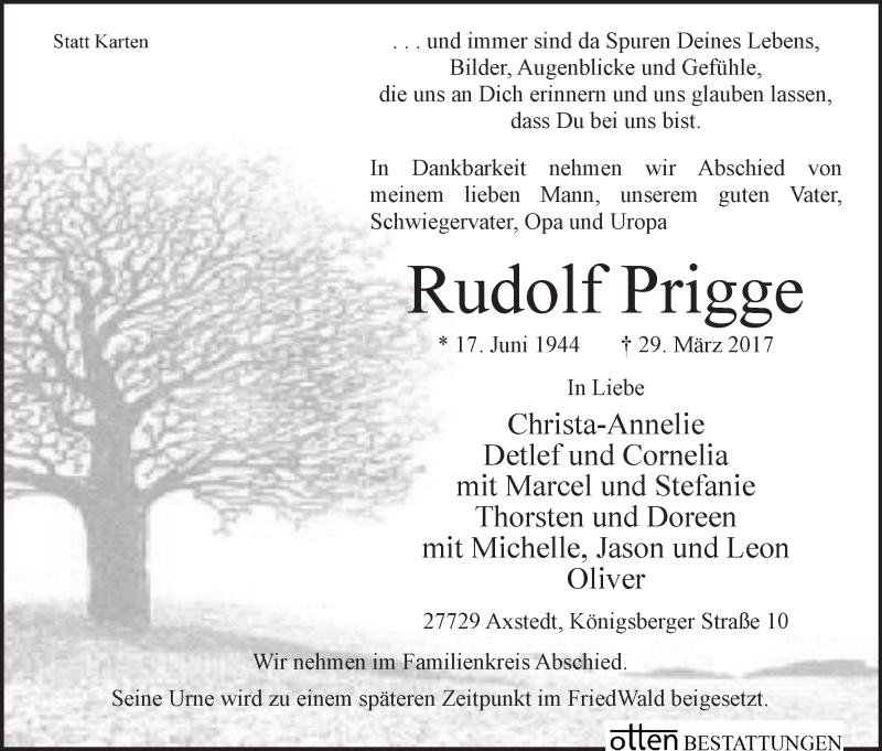 Traueranzeige von Rudolf Prigge von Osterholzer Kreisblatt