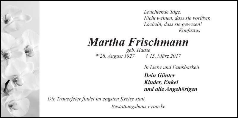 Traueranzeige von Martha Frischmann von Wuemme Zeitung