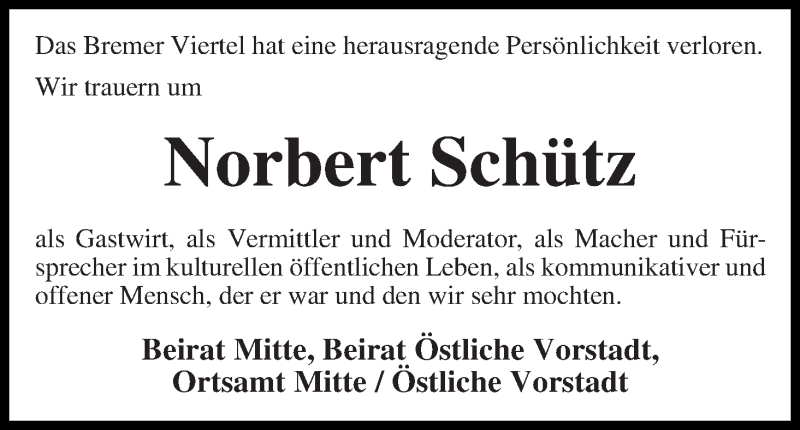  Traueranzeige für Norbert Schütz vom 01.03.2017 aus WESER-KURIER