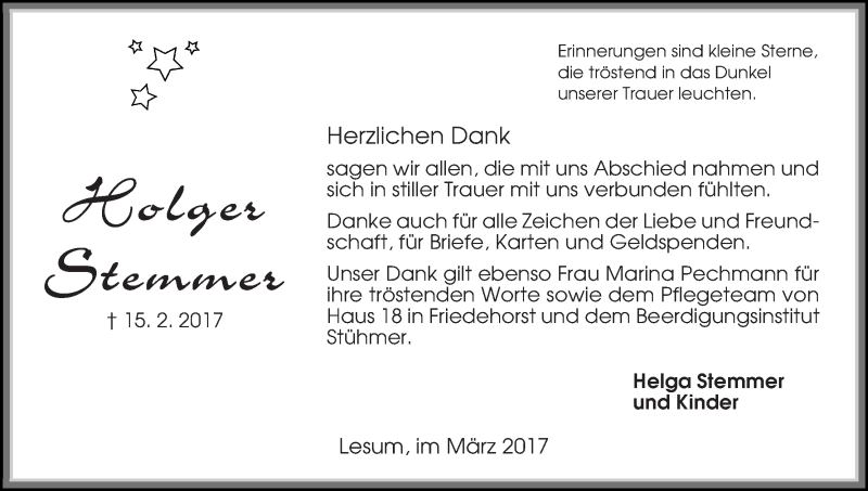 Traueranzeige von Holger Stemmer von Die Norddeutsche