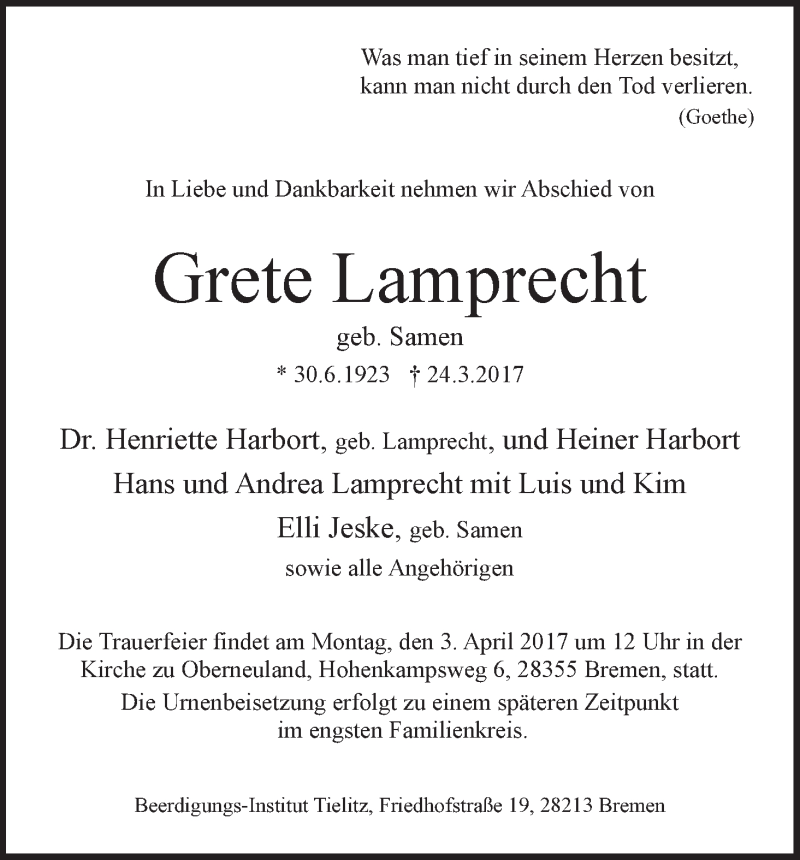 Traueranzeige von Grete Lamprecht von WESER-KURIER