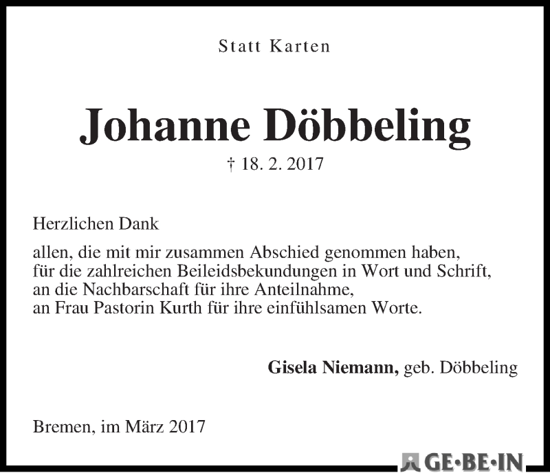 Traueranzeige von Johanne Döbbeling von WESER-KURIER