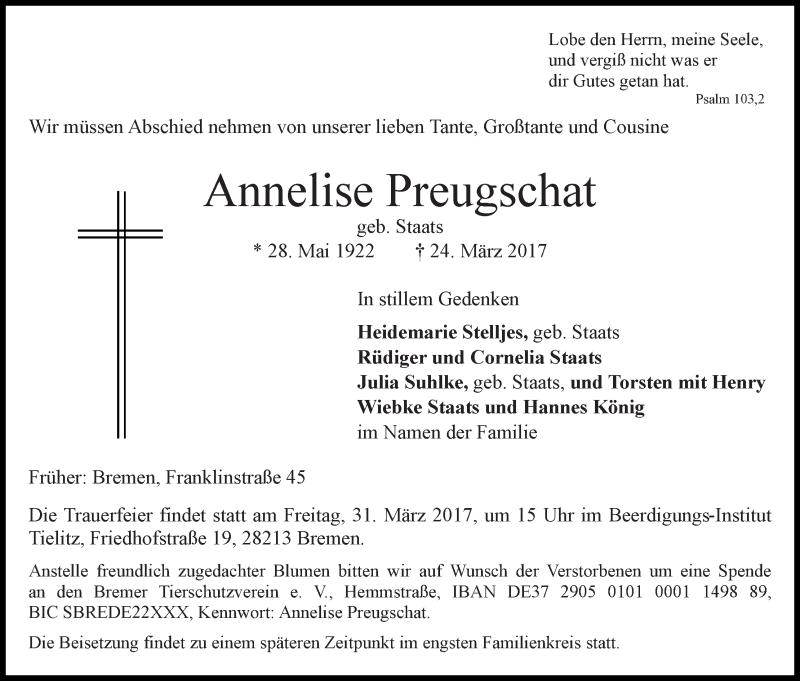 Traueranzeige von Annelise Preugschat von WESER-KURIER