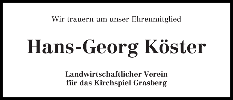 Traueranzeige von Hans-Georg Köster von Wuemme Zeitung