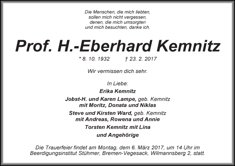 Traueranzeige von H.-Eberhard Kemnitz von Die Norddeutsche