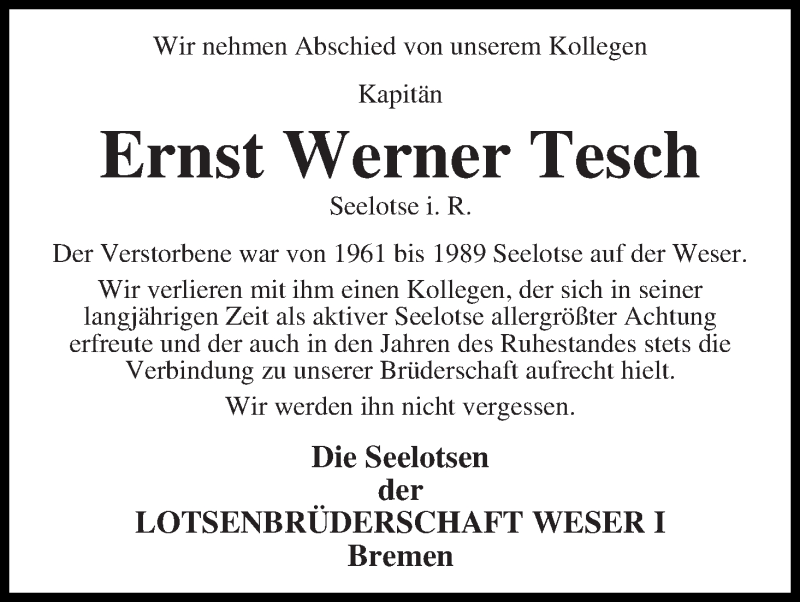 Traueranzeige von Ernst Werner Tesch von WESER-KURIER
