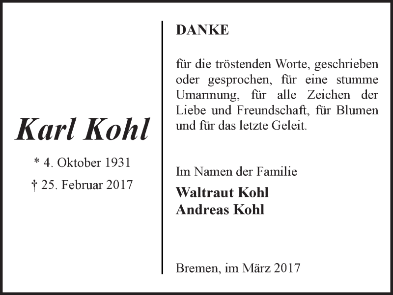 Traueranzeige von Karl Kohl von WESER-KURIER