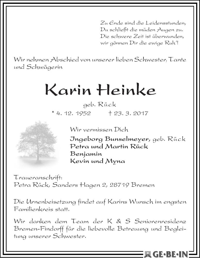 Traueranzeige von Karin Heinke von WESER-KURIER