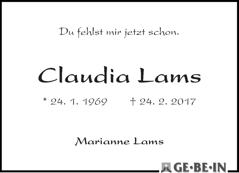 Traueranzeige von Claudia Lams von WESER-KURIER