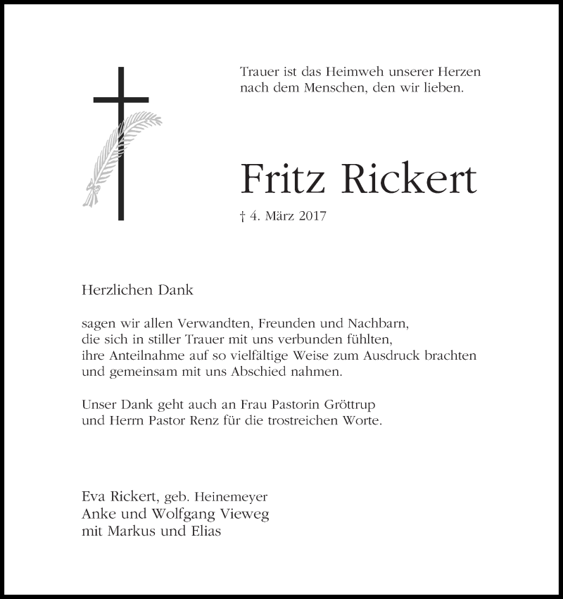 Traueranzeige von Fritz Rickert von WESER-KURIER