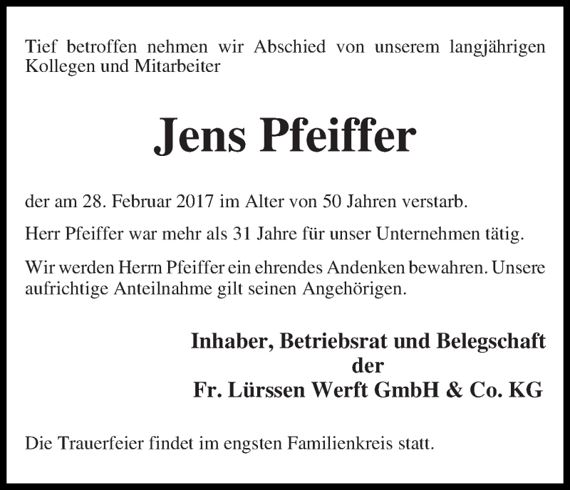 Traueranzeige von Jens Pfeiffer von Die Norddeutsche