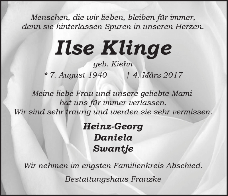 Traueranzeige von Ilse Klinge von Wuemme Zeitung