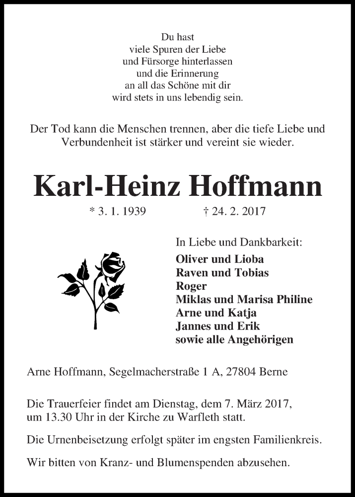Traueranzeige von Karl-Heinz Hoffmann von Die Norddeutsche