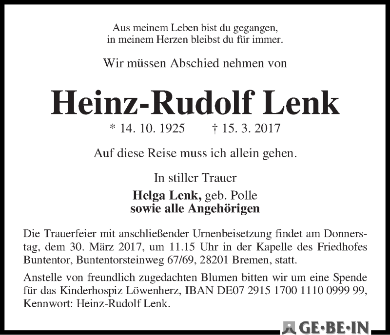Traueranzeige von Heinz-Rudolf Lenk von WESER-KURIER