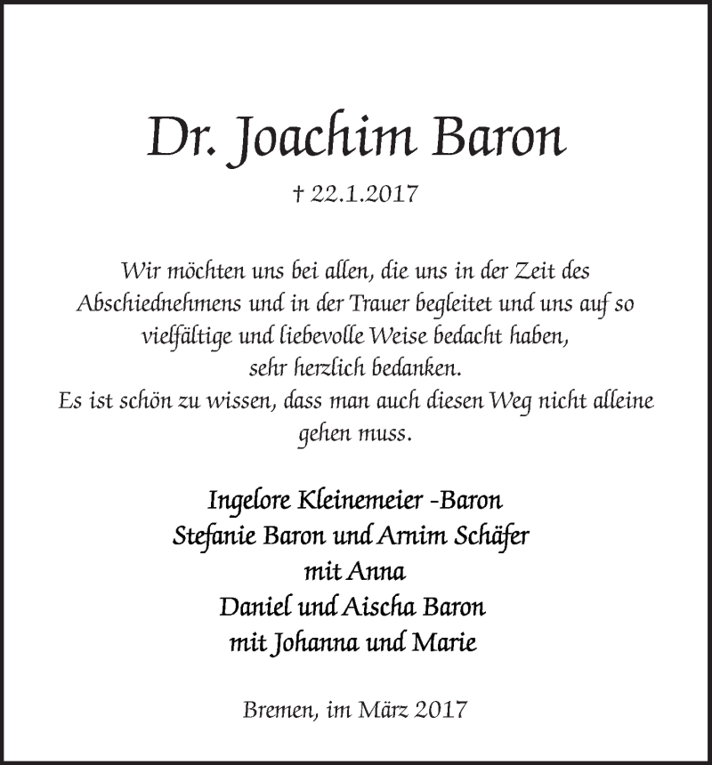 Traueranzeige von Joachim Baron von WESER-KURIER