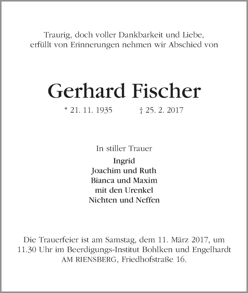 Traueranzeige von Gerhard Fischer von WESER-KURIER