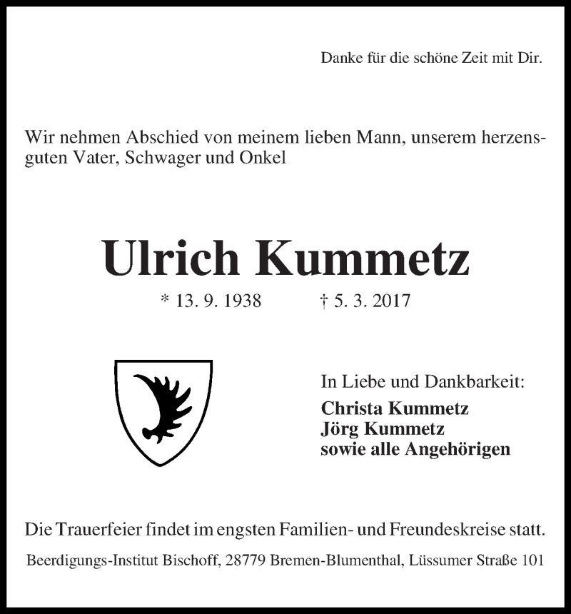 Traueranzeige von Ulrich Kummetz von Die Norddeutsche