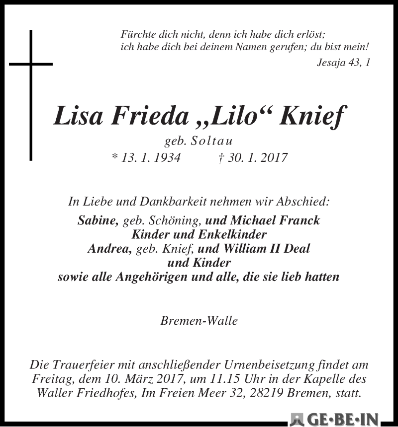 Traueranzeige von Lisa Frieda Knief von WESER-KURIER