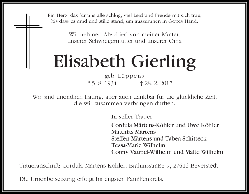 Traueranzeige von Elisabeth Gierling von Die Norddeutsche