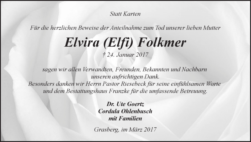 Traueranzeige von Elvira (Elfi) Folkmer von Wuemme Zeitung