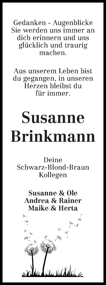  Traueranzeige für Susanne Brinkmann vom 30.03.2017 aus Osterholzer Kreisblatt