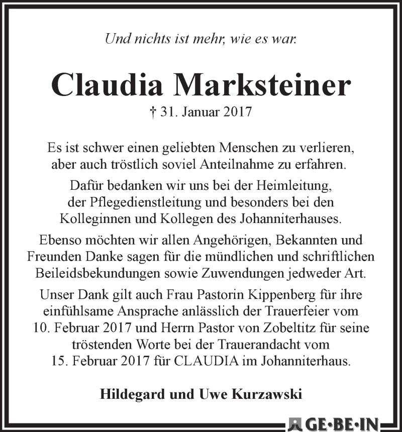 Traueranzeige von Claudia Marksteiner von WESER-KURIER