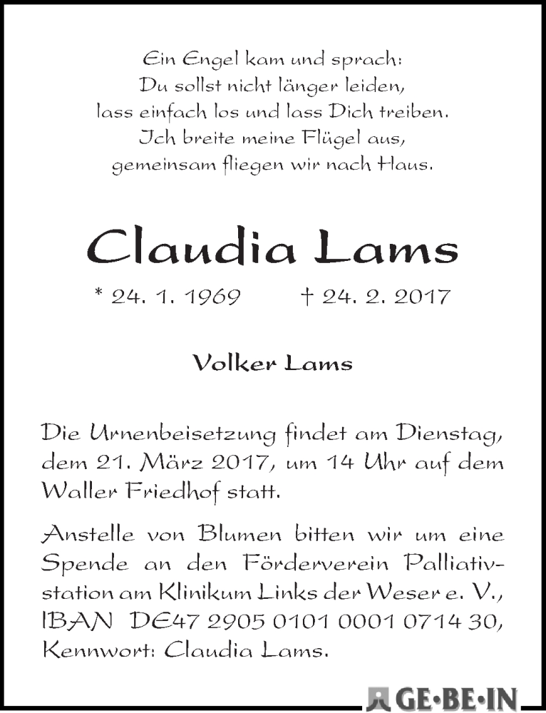 Traueranzeige von Claudia Lams von WESER-KURIER