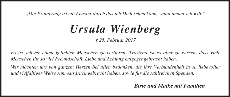Traueranzeige von Ursula Wienberg von WESER-KURIER