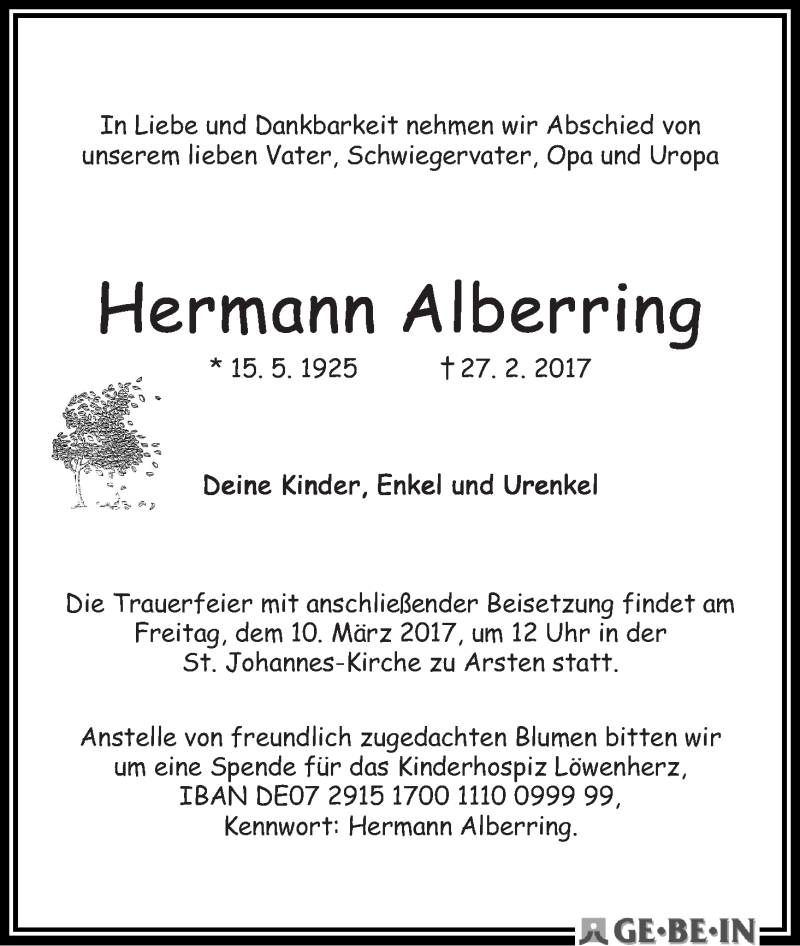 Traueranzeige von Hermann Alberring von WESER-KURIER