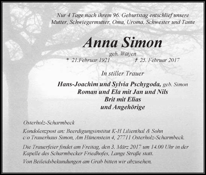 Traueranzeige von Anna Simon von Osterholzer Kreisblatt