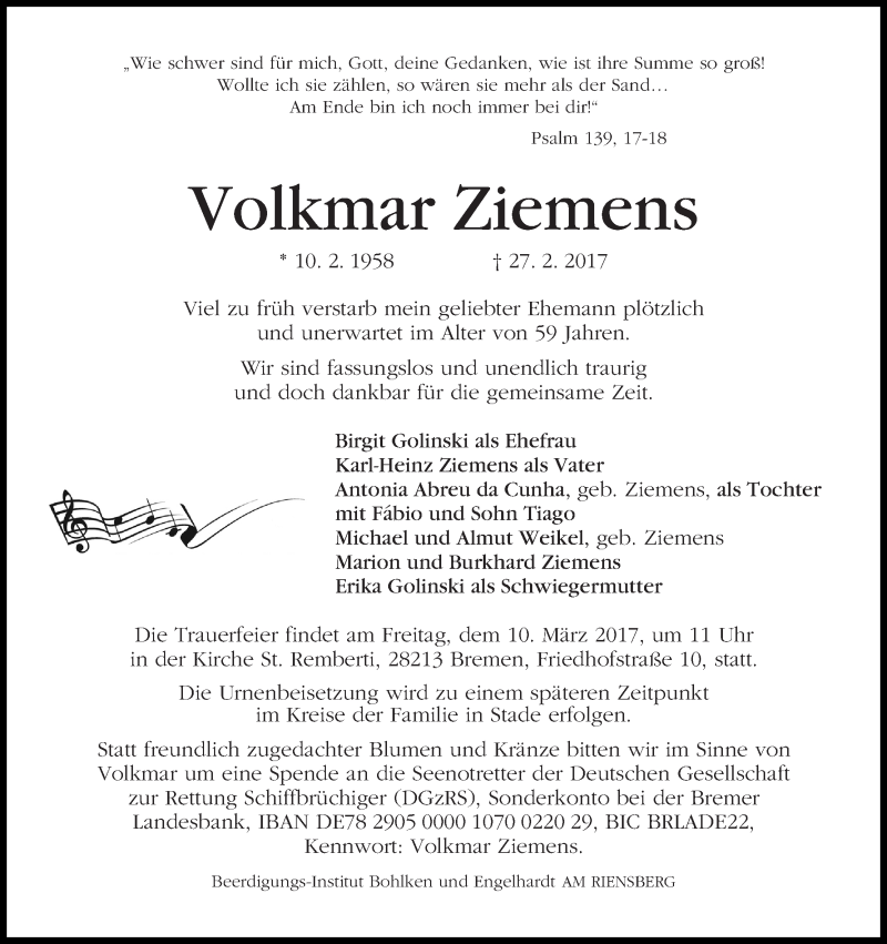 Traueranzeige von Volkmar Ziemens von WESER-KURIER