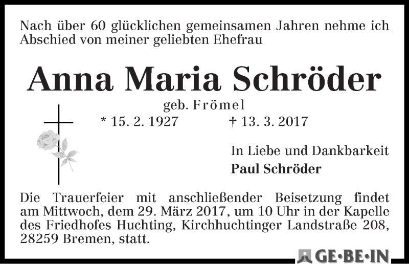 Traueranzeige von Anna Maria Schröder von WESER-KURIER