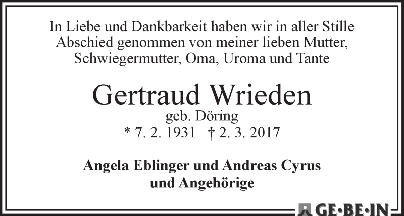 Traueranzeige von Gertraud Wrieden von WESER-KURIER