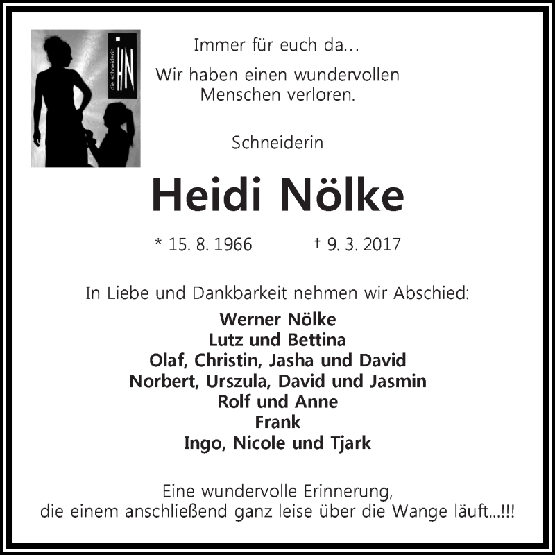 Traueranzeige von Heidi Nölke von Die Norddeutsche
