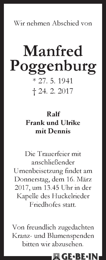 Traueranzeige von Manfred Poggenburg von WESER-KURIER