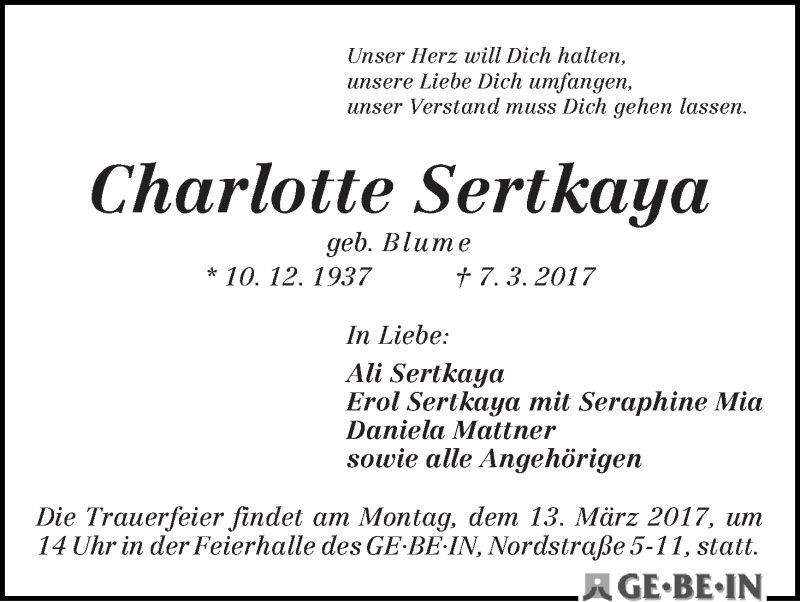 Traueranzeige von Charlotte Sertkaya von WESER-KURIER