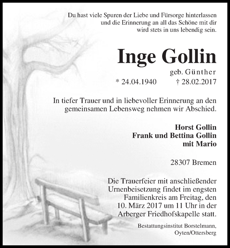 Traueranzeige von Inge Gollin von WESER-KURIER