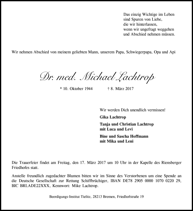 Traueranzeige von Michael Lachtrop von WESER-KURIER