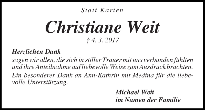 Traueranzeige von Christiane Weit von Die Norddeutsche