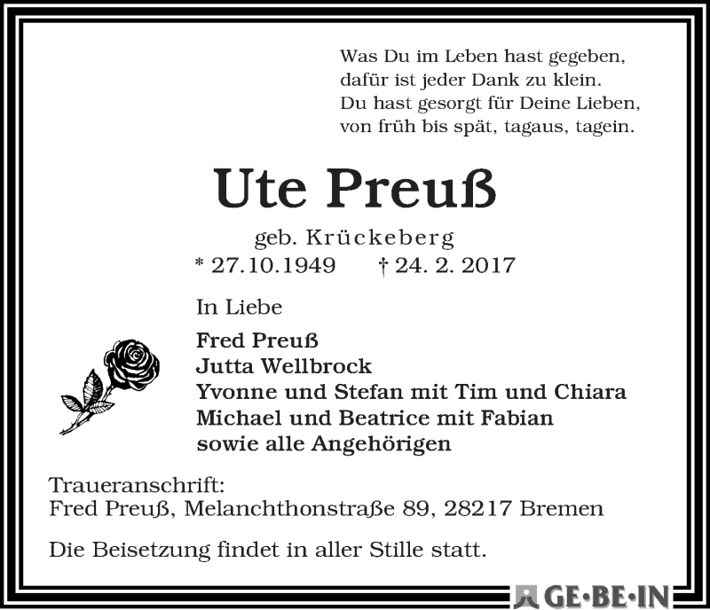 Traueranzeige von Ute Preuß von WESER-KURIER