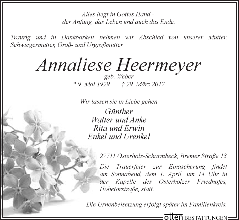 Traueranzeige von Annaliese Heermayer von Osterholzer Kreisblatt