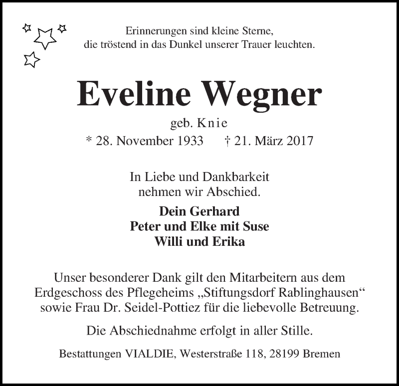 Traueranzeigen von Eveline Wegner | Trauer & Gedenken