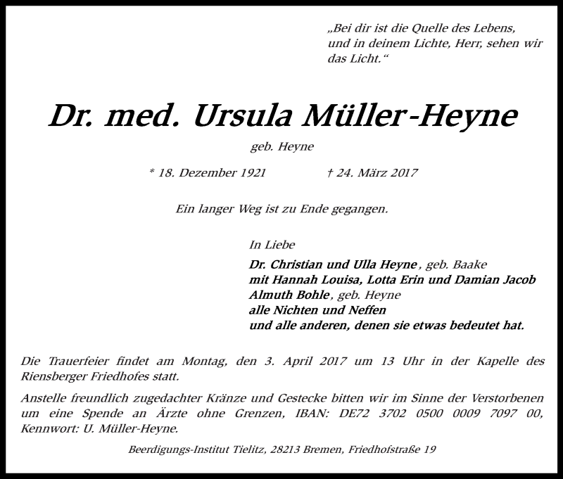 Traueranzeige von Ursula Müller-Heyne von WESER-KURIER