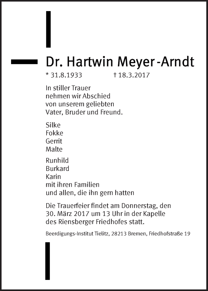 Traueranzeige von Hartwin Meyer-Arndt von WESER-KURIER